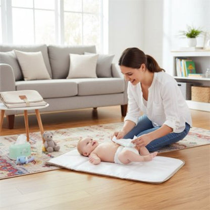 Tapis à langer nomade beige maman qui change bébé au salon