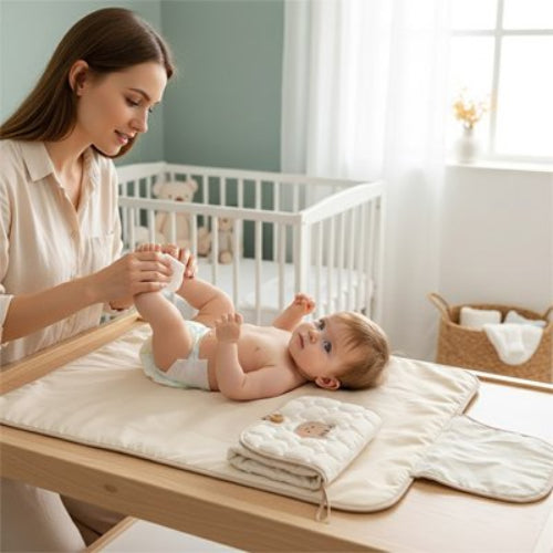 Tapis à langer nomade beige maman qui tient les pieds se son fils 