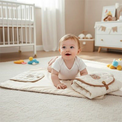 Tapis à langer nomade brun bébé couché sur le ventre dans sa chambre 