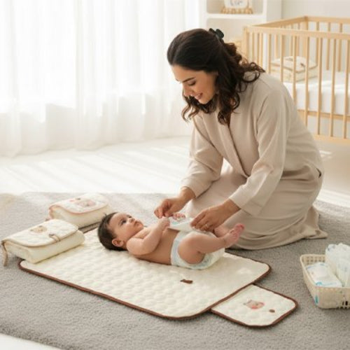 Tapis à langer nomade  brun maman qui change la couche de bébé