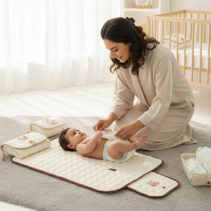 Tapis à langer nomade  brun maman qui change la couche de bébé