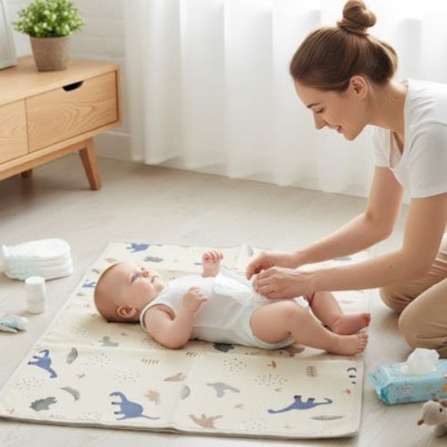 Tapis à langer nomade dinosaure maman qui veut changer bébé couché sur le dos