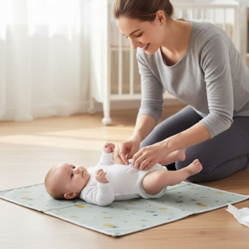 Tapis à langer nomade fruit  maman qui déshabille bébé