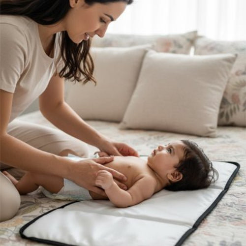 Tapis à langer nomade gris maman qui couche bébé sur le dos