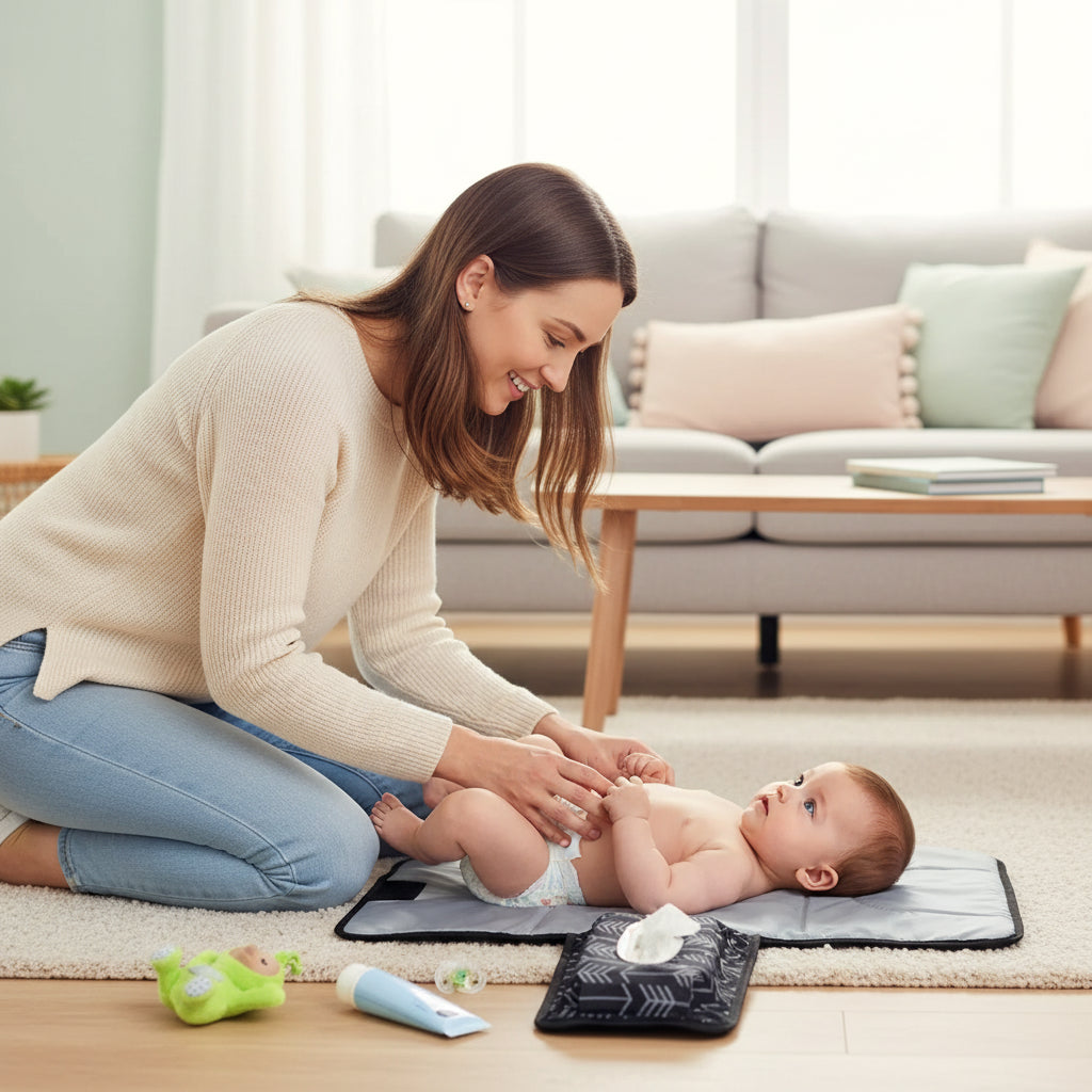 tapis à langer noir maman qui change bébé sur le tapis au salon