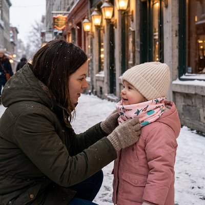 Tour de cou bebe fille enfant habillé confortablement sur la neige avec sa maman