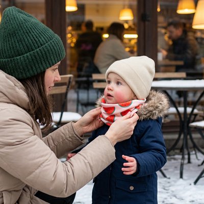 Tour de cou bebe fille maman à l'exterieur sur la neige avec son enfant