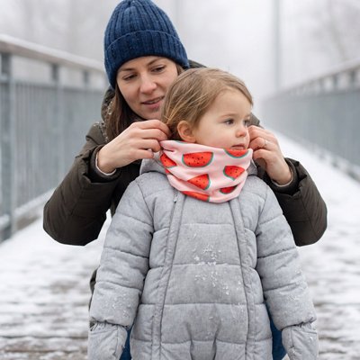 Tour de cou bebe  fille pastèque bébé bien protègésur la neige avec sa maman
