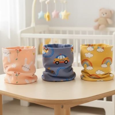 Tour de cou bebe rose, bleu et jaune posés sur la table.