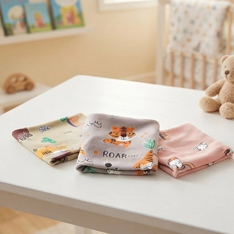 Tour de cou bebe rose, gris et jaune posés sur la table