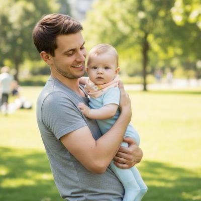 Tour de cou bebe  rose papa qui tient son bébé dans les bras au parc.