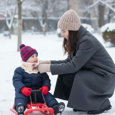 Tour de cou enfant  beige maman au parc avec son fils qui joue dans la neige
