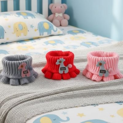Tour de cou enfant  gris, rouge .rose  posés sur le lit