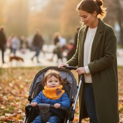 Tour de cou enfant  jaune enfant dans sa poussette avec sa maman en automne 