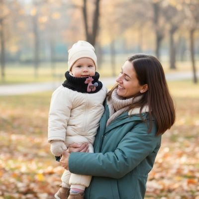 Tour de cou enfant  noir bebe avec le cou bien protégé dans dans les bras de sa maman