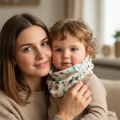 Tour de cou enfant  plume, maman et son bébé à la maison avec son bien protégé