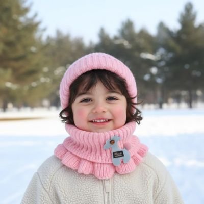 Tour de cou enfant  rose, enfant bien protégé sur la neige