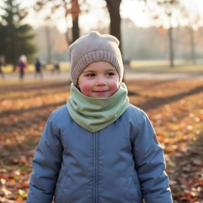 Tour de cou enfant vert, enfant bien protégé à l'exterieur en automne