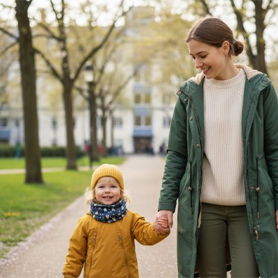Tour de cou ours bleu enfant qui se balade avec sa maman